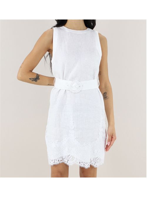Abito corto in lino con pizzo intarsiato e cintura Twinset TWINSET | 261TT218000001