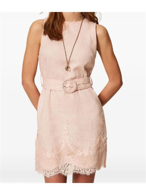 Abito corto in lino con pizzo intarsiato e cintura Twinset TWINSET | 261TT218013144