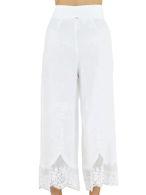 Pantalone cropped in lino con pizzo intarsiato e cintura Twinset TWINSET | 261TT218400001
