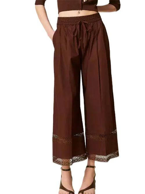 Pantalone cropped a gamba larga in cotone con elastico e macramè Twinset TWINSET | 261TT225212110